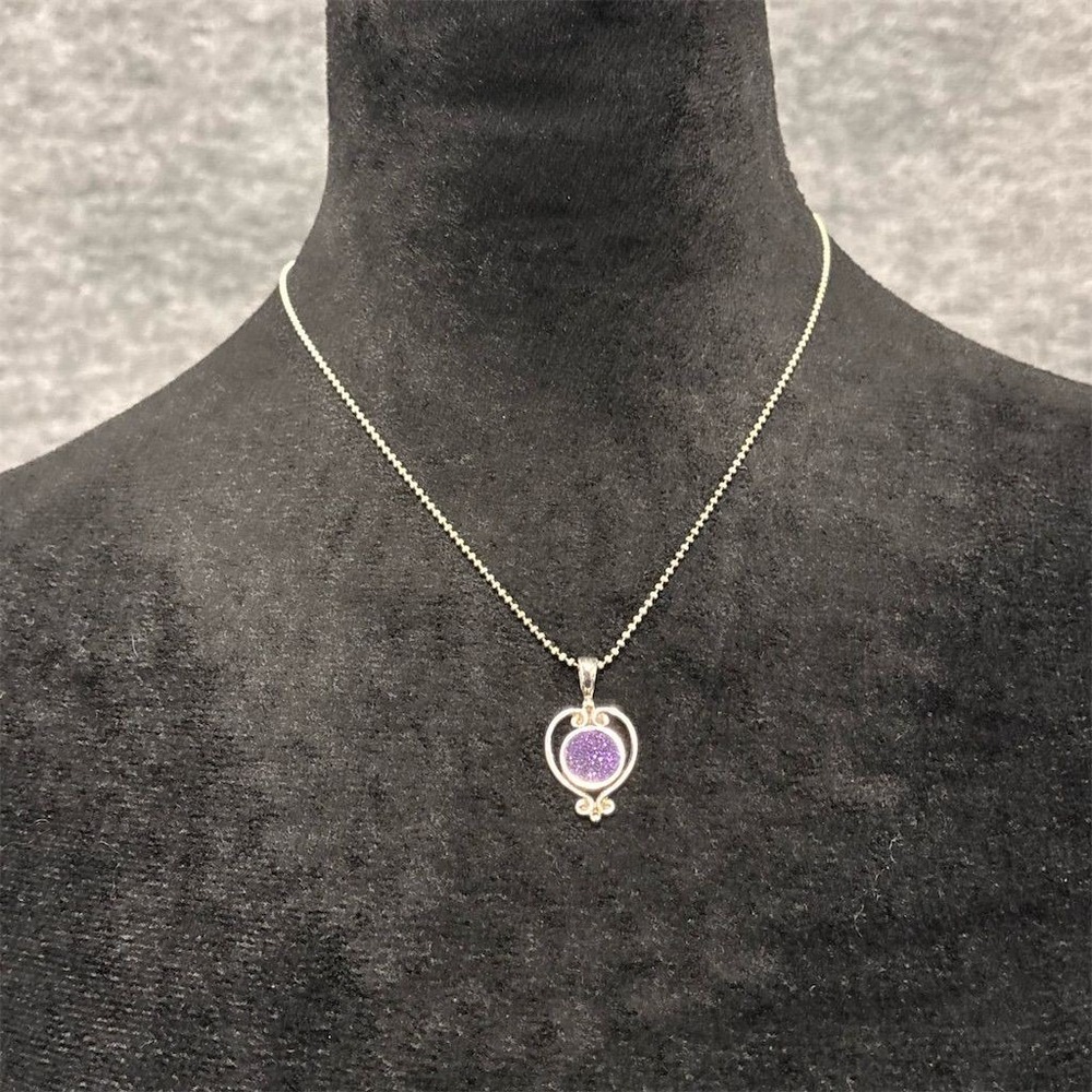 Sajen Necklace Sterling Silver Purple Druzy Heart Scroll Pendant 925‎ Signed